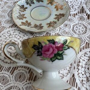 Vintage Enesco Floral Teacup and Saucer Set with Gold Accents
